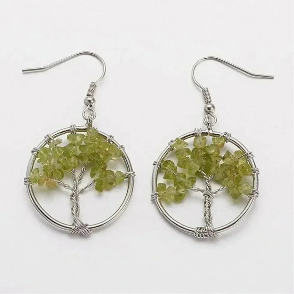Silver Platinum Plated Peridot Tree of Life Gemstone Beads Dangle Earrings - Picture 1 of 1